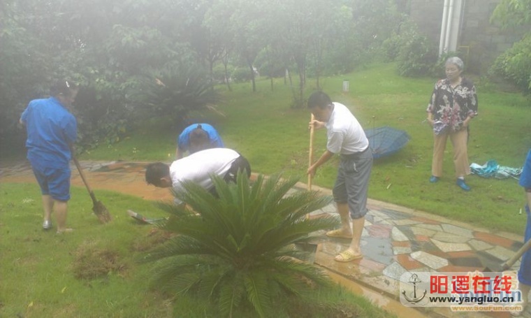 物业人员冒雨排涝